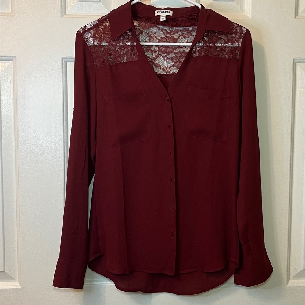 Express Lace Embellished Burgundy Portofino‎ Career Blouse Button Down Size S